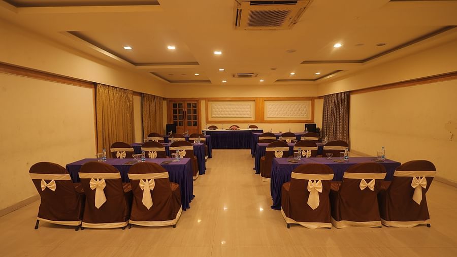 A banquet hall with seating arrangement