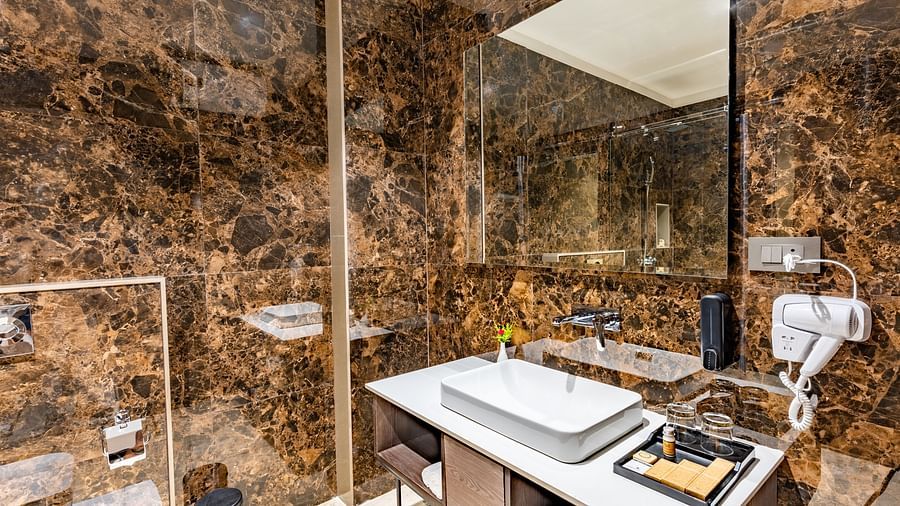 A stylish bathroom with a wall mounted mirror, a large sink, a hair dryer and toiletries - Shervani Pebbles & Pines, Corbett