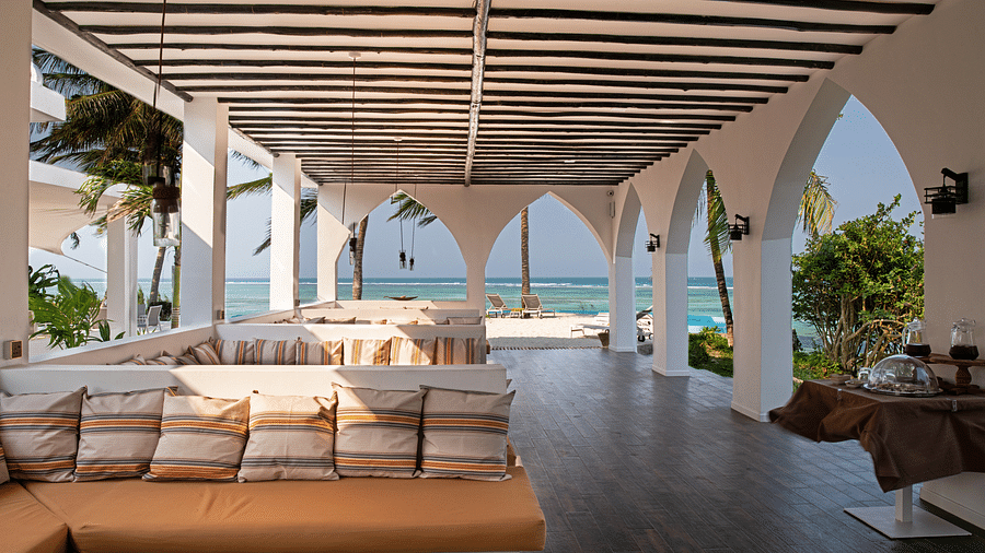 Elegant lounge with cushioned seating, wooden accents, and views of palm trees through arched doorways - Shooting Star Boutique Hotel.