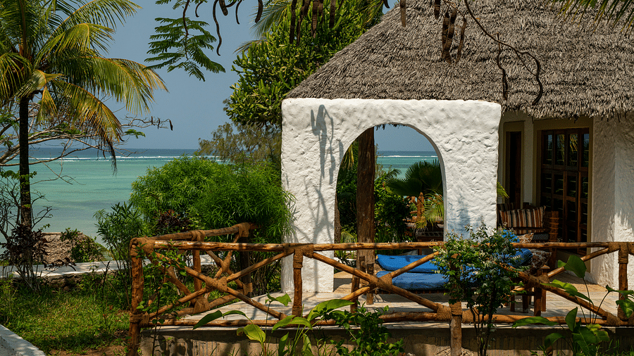 Rustic cottage with a thatched roof, a wooden balcony, and views of the ocean framed by palm trees - Shooting Star Boutique Hotel.