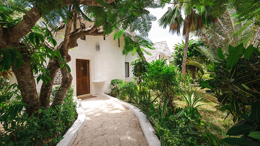 View of a garden and the entrance to Sea View Family Cottages - Shooting Star Boutique Hotel.