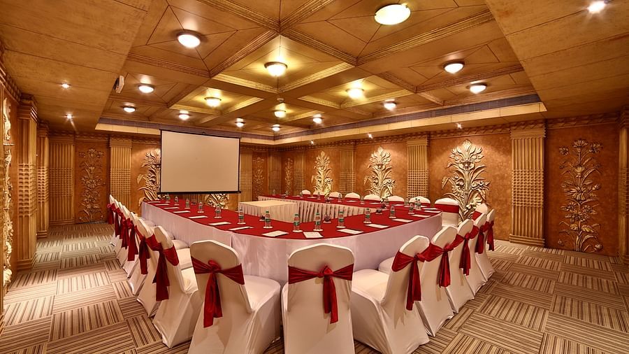 Seating arrangement in Sangam Hall at Sitara Luxury Hotel in Hyderabad near Ramoji Film City.