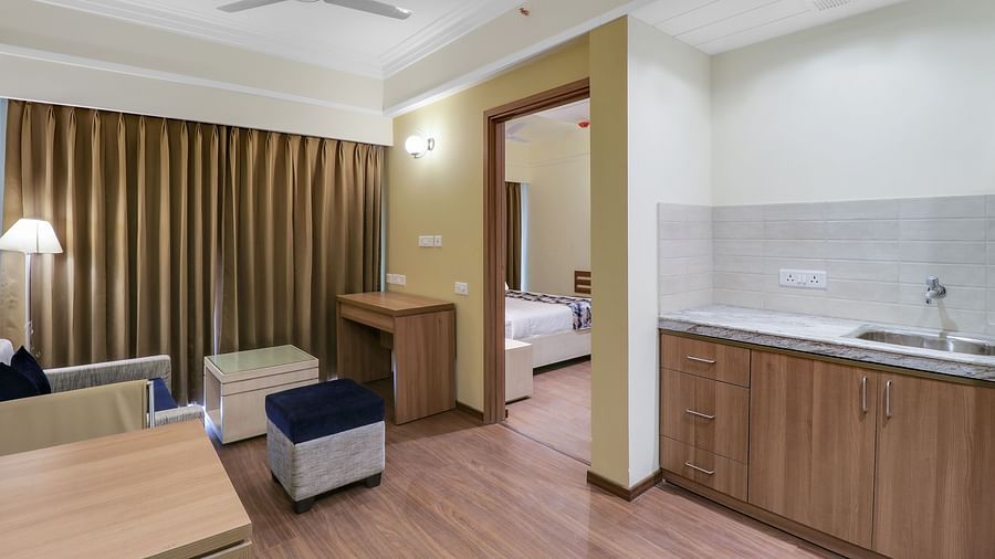 overview of the Living room inside Deluxe One Bedroom Suite 2 - Starlit Suites Newtown, Kolkata