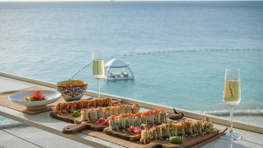 A platter of quick bites with 2 champagne glasses on a table overlooking the sea at Tamarind Hills Resort and Villas - Antigua