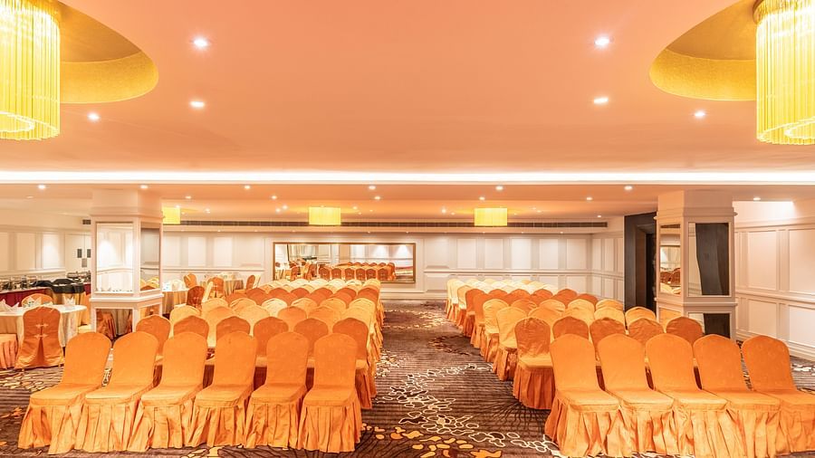 Conference space with theatre-style seating, suitable for corporate events or guest lectures
