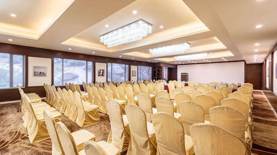 Spacious banquet hall set up in theatre-style seating, ideal for conferences and events