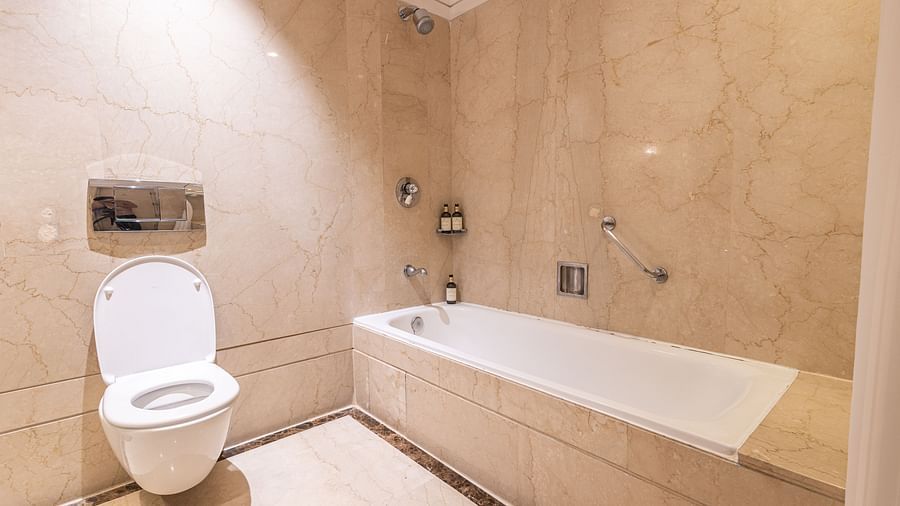 image of a well appointed bathroom highlighting the bathtub and a commode - The Claridges New Delhi 