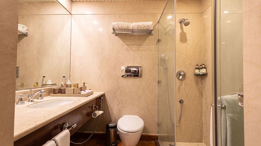 image of a wel appointed bathroom with a cubical shower at the regent suites - The Claridges New Delhi