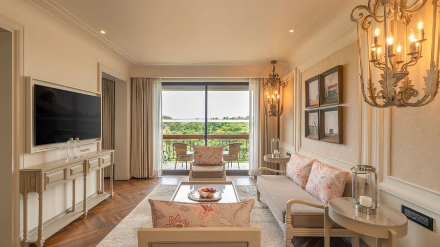 Full view of the living room of the Evren Suite with modern and premium furnishings at The Evren, Vagator.