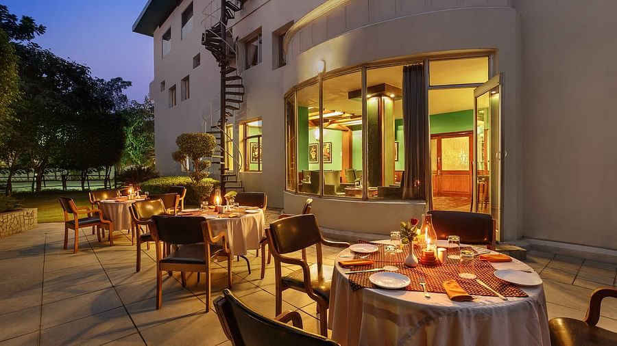 An outdoor dining setup with tables and chairs arranged outside, flanked by trees and neatly trimmed bushes