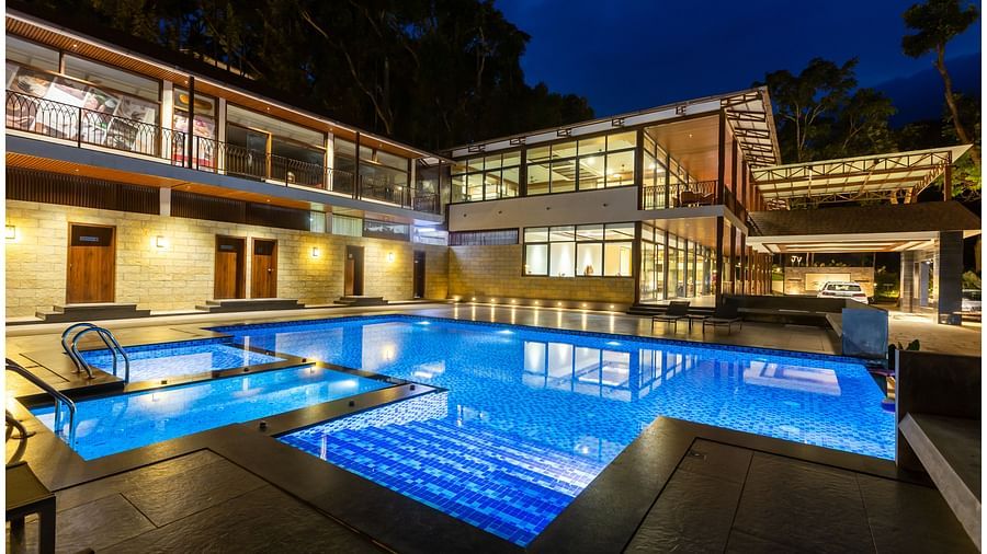 Night view of the Swimming Pool at The Silver Sky Hotels and Resorts, Chikkamangaluru 3