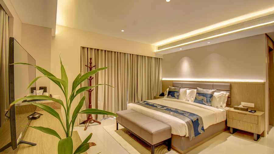 A hotel room with a bed, a plant, and a view of the bathroom - The SSK Solitaire Boutique Hotel & Spa, Gangapur Road - Nashik