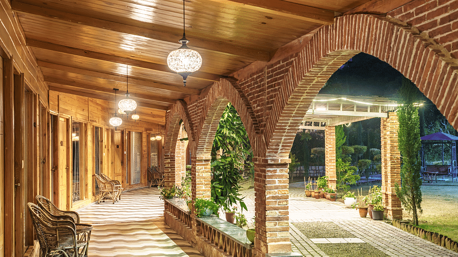 The interiors of the entrance at The Sylvan Retreat, Dehradun  at night.