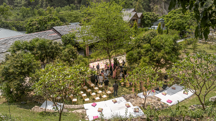 An aerial view of a wedding setup in the lawn at The Sylvan Retreat, Dehradun.