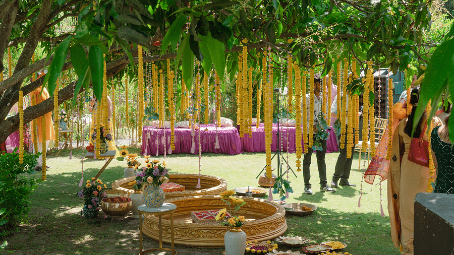 A view of a haldi setup in the lawn at The Sylvan Retreat, Dehradun.