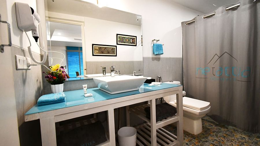 image of a well appointed vanity area in the bathroom of the premium room - The Tattva Boutique Resort