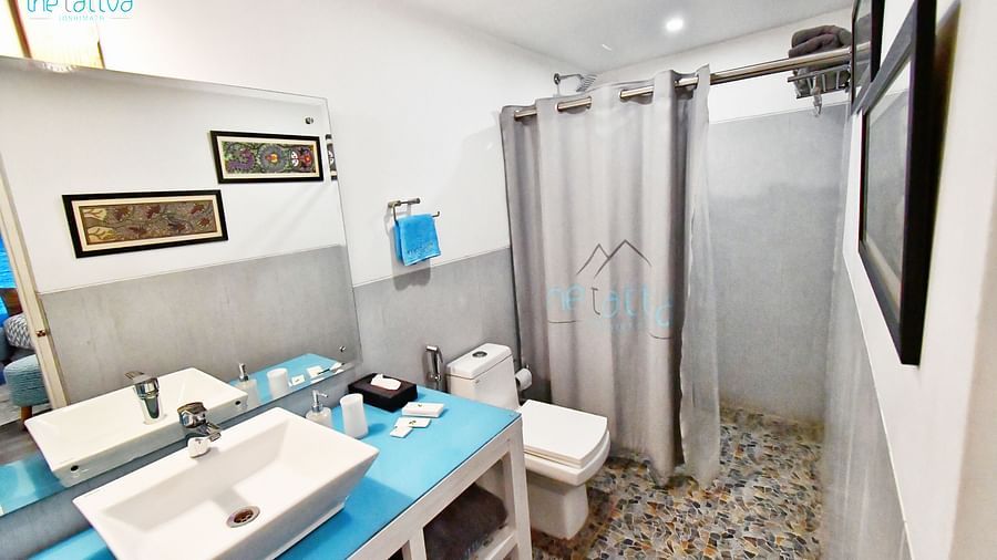 top angle image of the bathroom of the premium room featuring a shower cubical and a wash basin - The Tattva Boutique Resort