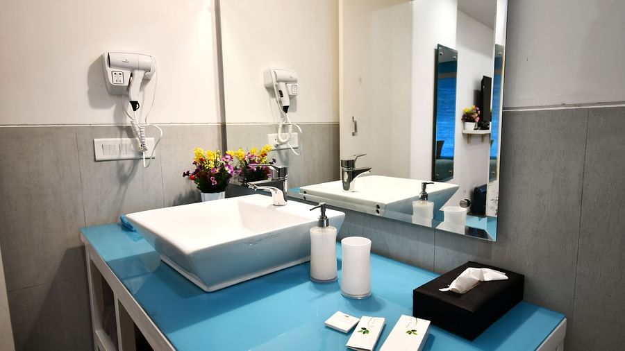 image featuring a neatly kept wash basin surrounded with premium toiletries in the premium room - The Tattva Boutique Resort