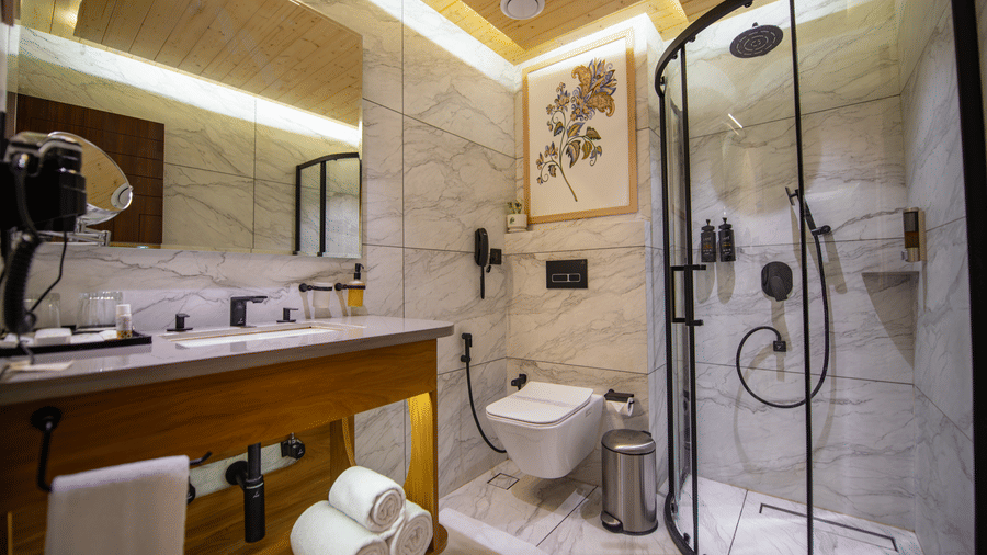 A bathroom in the superior room at The Tattva Devaprayag featuring a toilet, sink, and a glass-enclosed shower.