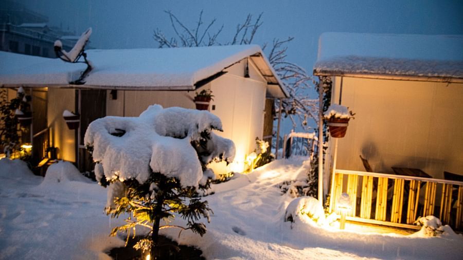 image of the villas at the tattva, joshimath on a late evening with exterior lights switch on with a thick blanket of snow all over the place
