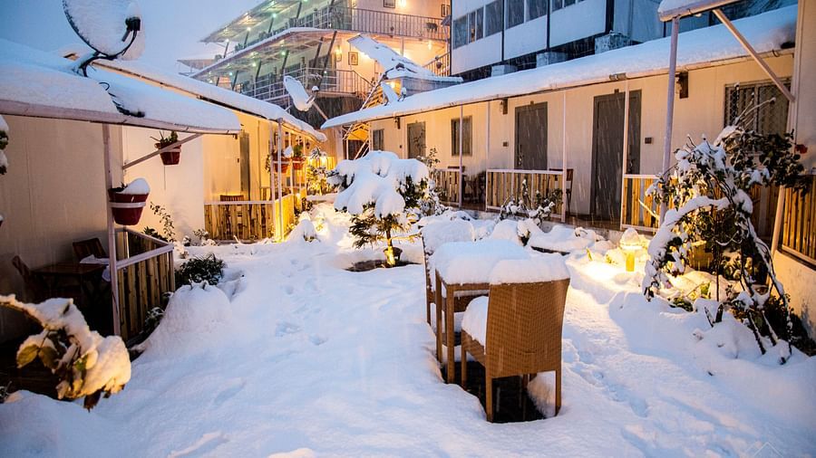 image of the villas at the tattva, joshimath with two chairs kept in the front of it covered with a thick layer of snow
