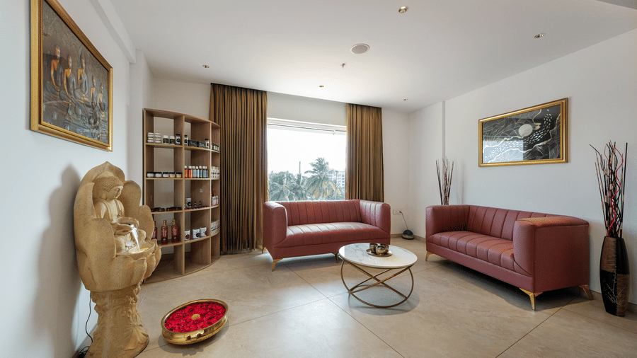 A spacious waiting lounge featuring a seating area with sofas, a low coffee table, a display shelf, and a large window at Tiara by MPS.