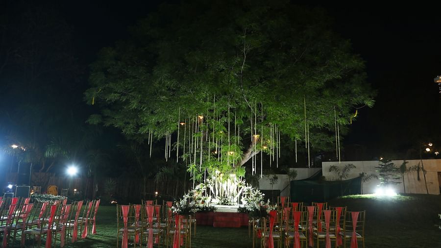 Nighttime event setup with chairs arranged under trees at Tisya Farms, Gurgaon.