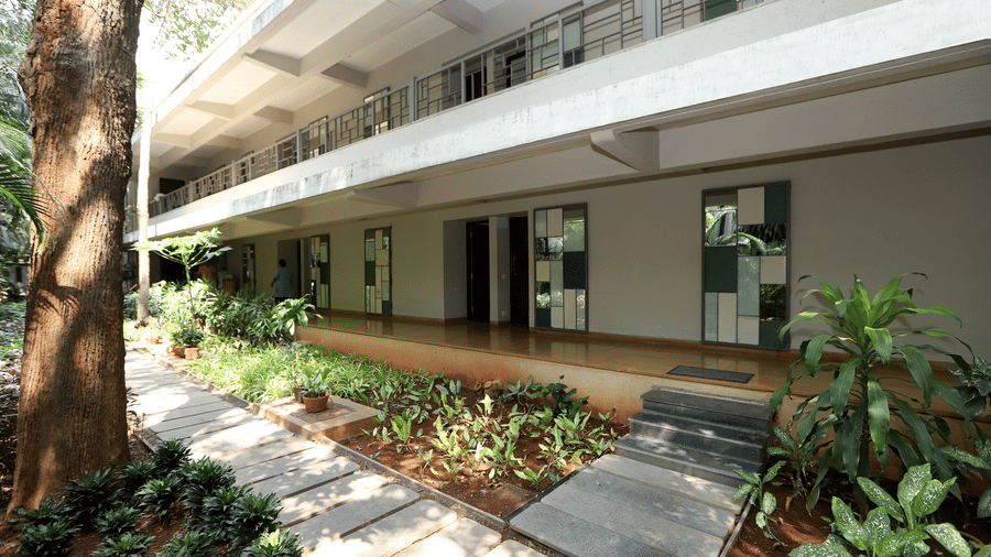 A paved garden path featuring vibrant green plants, manicured shrubs, and a large tree next to a modern building wing | Trance Sunderban Resort