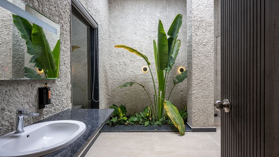 Tropical-style open bath area in Ananta Pool Villa – 5-Bedroom Pool Villa at Trance Veechika Resort, Vikarabad.