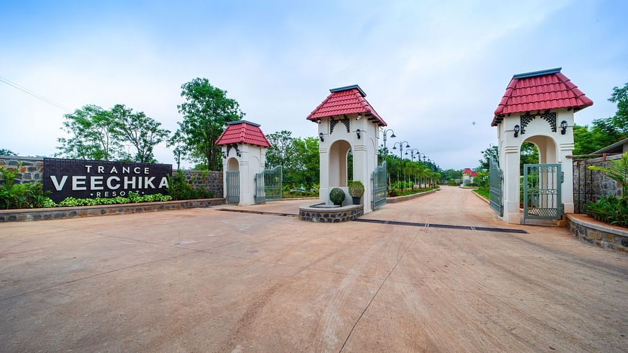 A facade image of the entrance to the resort with its sign board - Trance Veechika Resort, Vikarabad