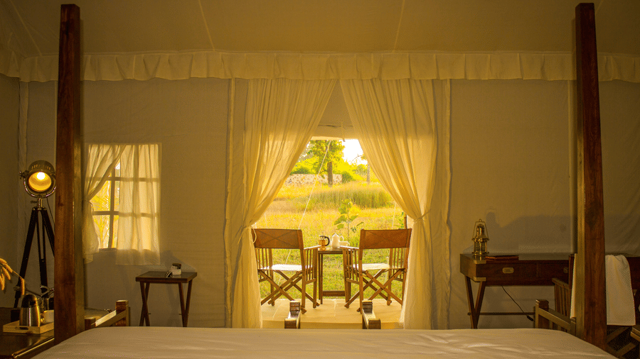 View from the inside of a cosy tent bedroom looking through open white curtains out toward a sunny outdoor seating area - Umaria Safari Camp