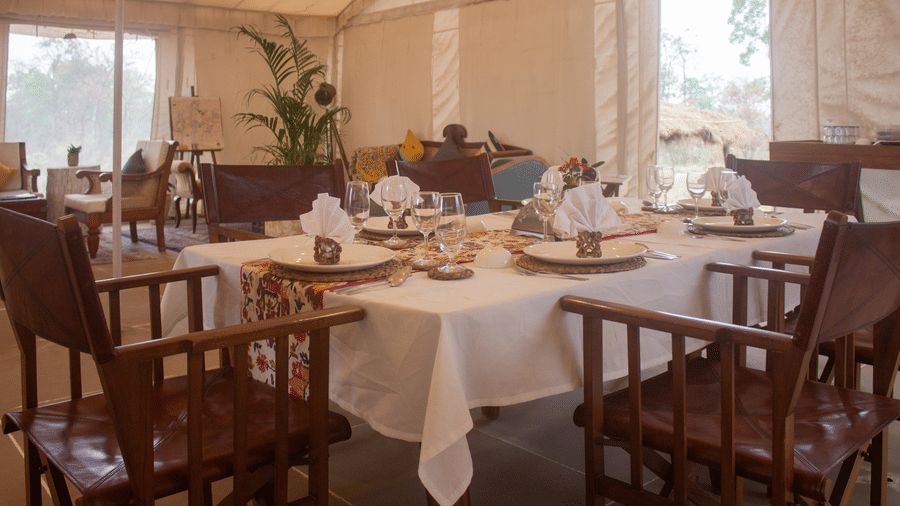 A long wooden dining table neatly set with fine dinnerware and white napkins inside a brightly-lit communal tent - Umaria Safari Camp