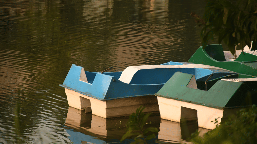 Two small blue-roofed wooden boats docked on a calm green pond surrounded by lush trees at Vedic Village Spa Resort.