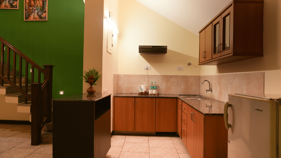 Well-equipped kitchenette with modern cabinets in the luxury suite.