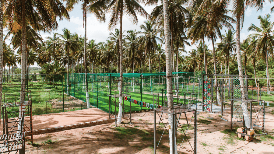 An outdoor sports practice area with cricket nets and fencing under a canopy of tall coconut palm trees | Vintage Trails By Ilara