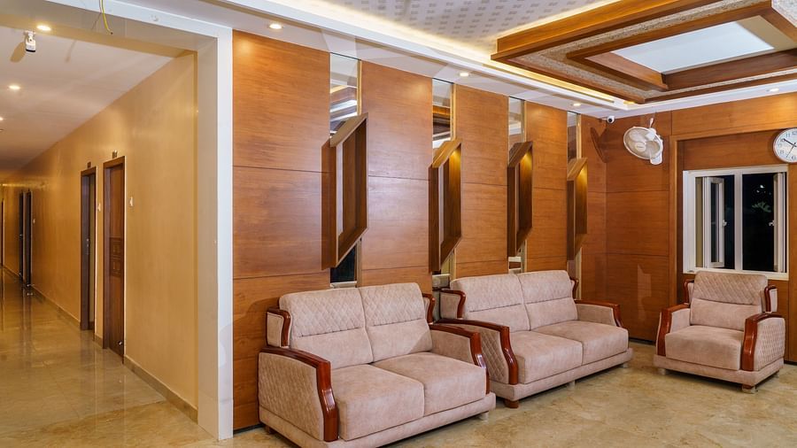 Side view of lobby with sofas at Wyt Hotels, Rameswaram