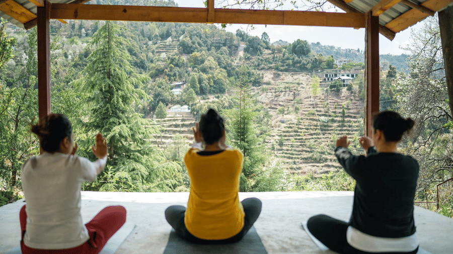 Two people are doing yoga poses on mats under a covered structure at Ziran Retreat.