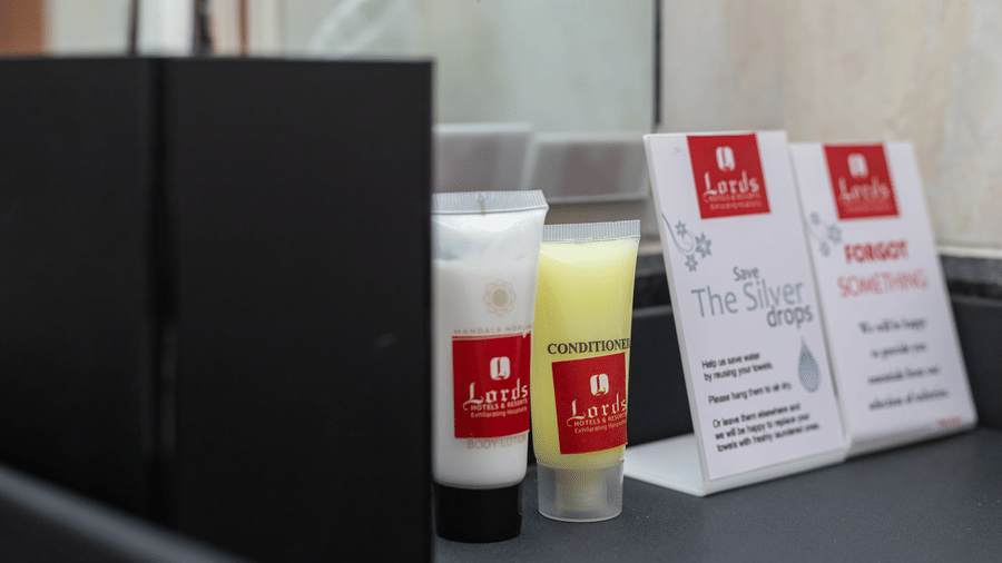 Toiletries, shampoo and conditioner in front of a mirror and sink