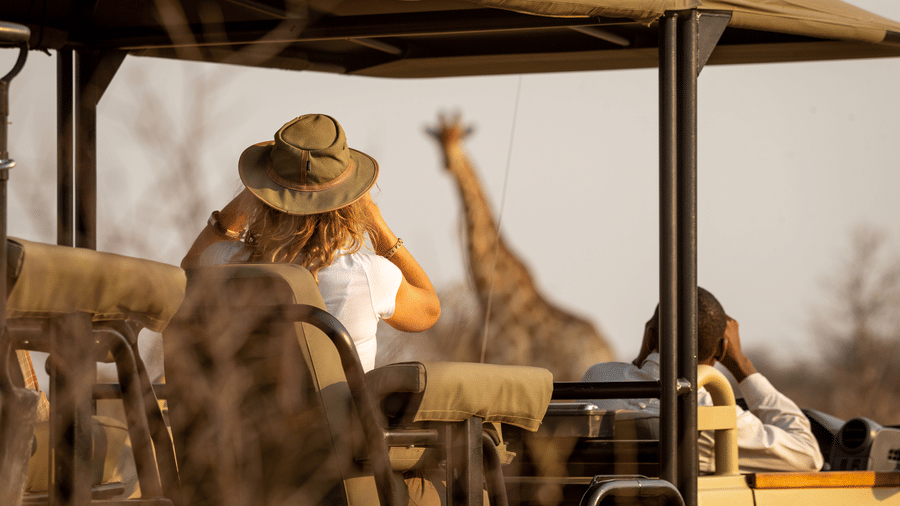 Guest watching a giraffe up close from an open safari jeep at Evolve Back Kalahari