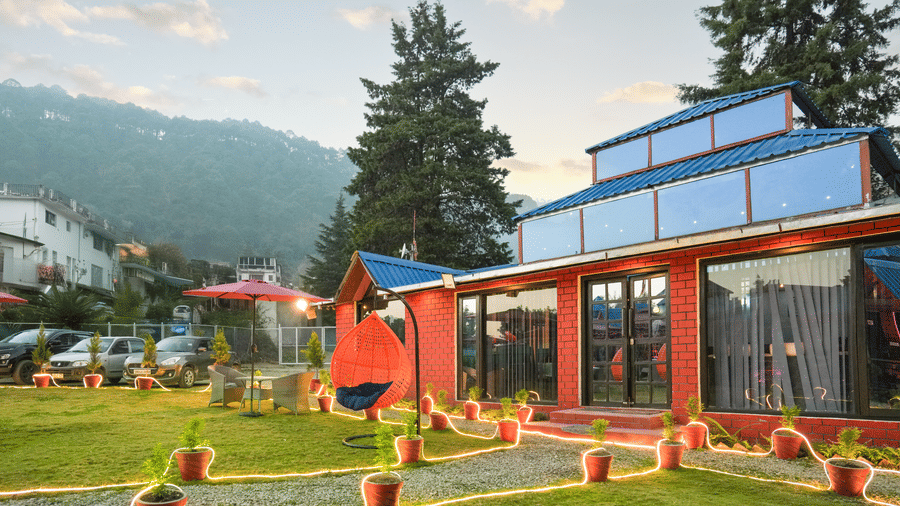 A building with glass doors and windows near two huge trees, and decorated front yard with a rocking chair
