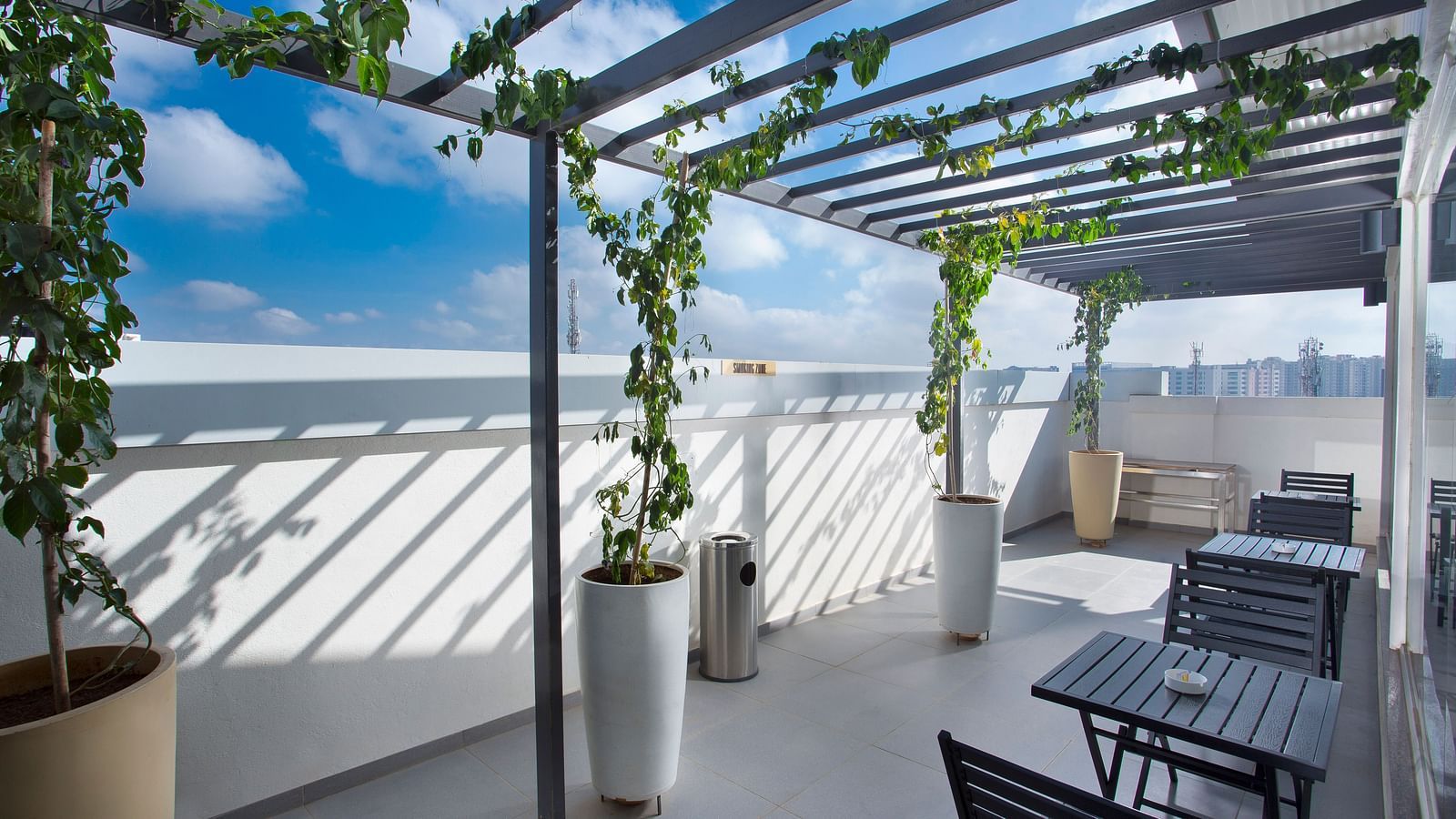 A rooftop terrace with a pergola, climbing plants and seating area against an urban backdrop - De Venetian by TGI, Brookefield