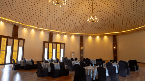 Banquet hall with cluster seating arrangement at Ananta Spa and Resort, Ajabgarh