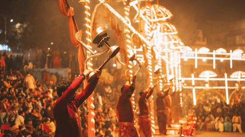 An elaborate fire ritual performed by priests at Dashashwamedh Ghat, Varanasi.