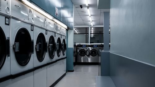washers and dryers in a laundry room
