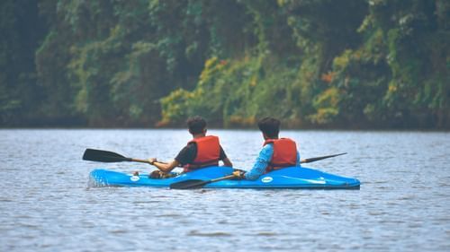 Two people rowing in a kayak with a forest in the backdrop