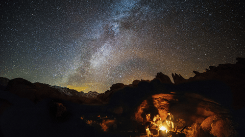 A group of people huddled next to a bonfire with the milky way seen in the background.