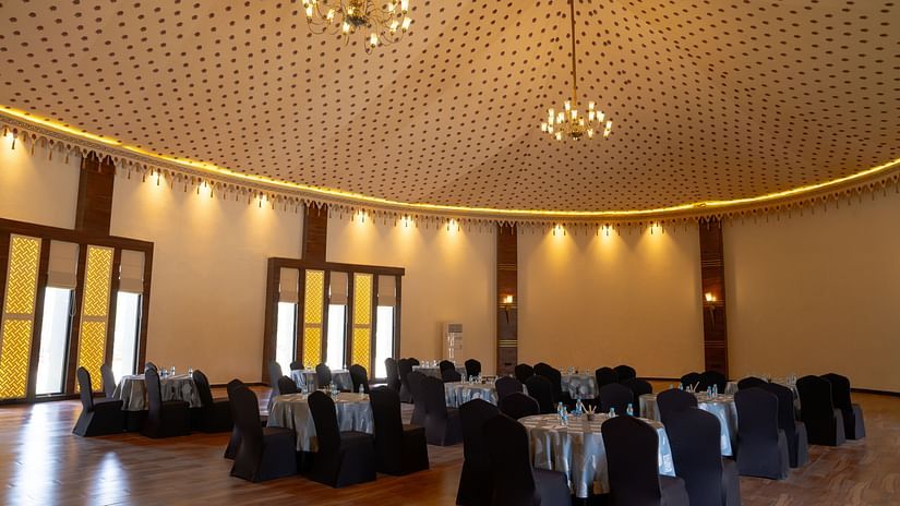 Banquet hall with cluster seating arrangement at Ananta Spa and Resort, Ajabgarh