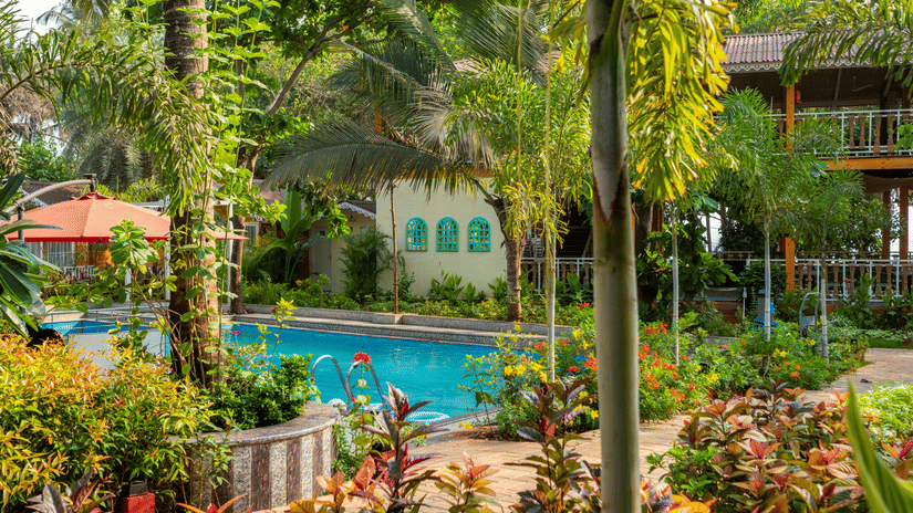 a view of the swimming pool surrounded by greenery at Aralea Beach Resort by Stone Wood, Morjim