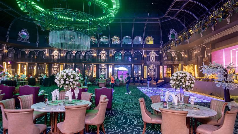 elegantly decorated banquet hall of Clifftop at Pramod Lands End Resort in Gopalpur