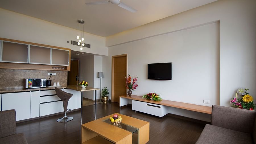view of the separate living room of the executive suite